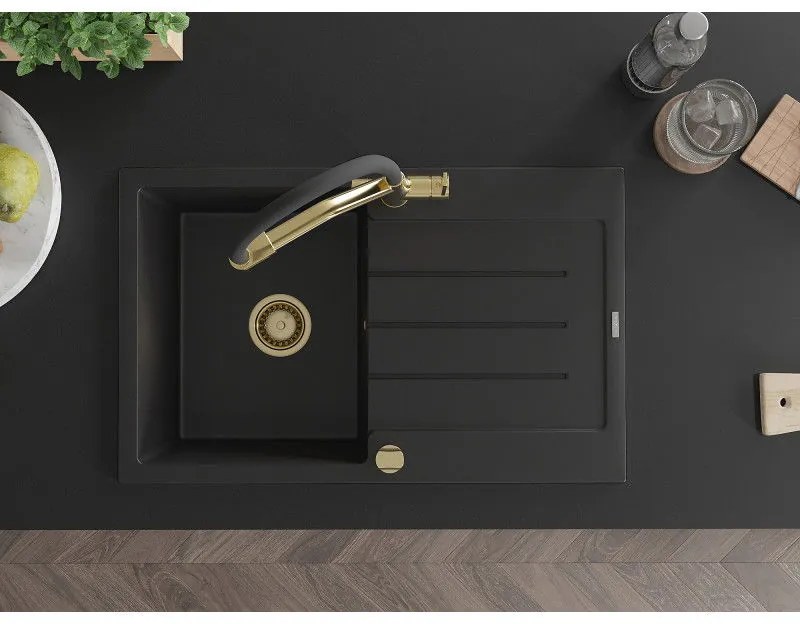 Mexen Bruno, 1 kamrás gránit mosogató 795x495x200 mm és Duo mosogató csaptelep, fekete, 6513-77-671701-57-G