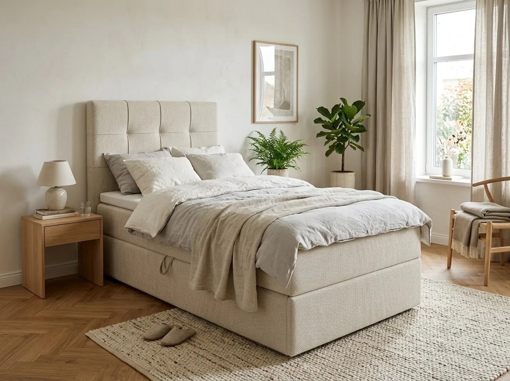 Kárpitozott boxspring ágy DIRELIS VIBE 90x200 cm krémszínű Matrac: Bonell rugós matrac
