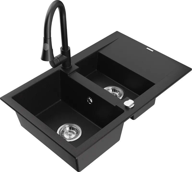 Mexen Gaspar 1,5-medencés gránit mosogató lefolyóval és Elia konyhai csapteleppel, fekete - 6507-77-670101-70