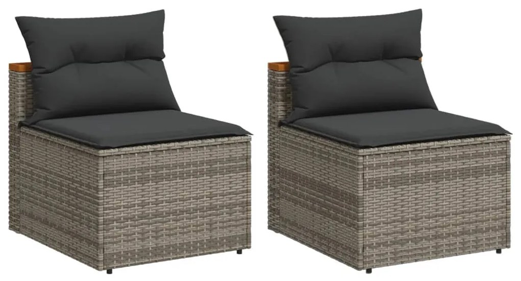 2 db szürke polyrattan karfa nélküli kerti kanapé párnákkal