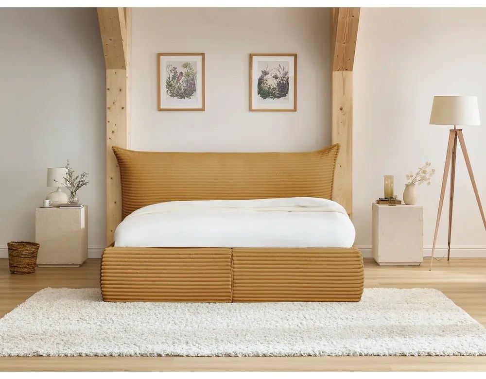 Sárga kárpitozott ágyneműtartós franciaágy ágyráccsal 160x200 cm Jade – Bobochic Paris