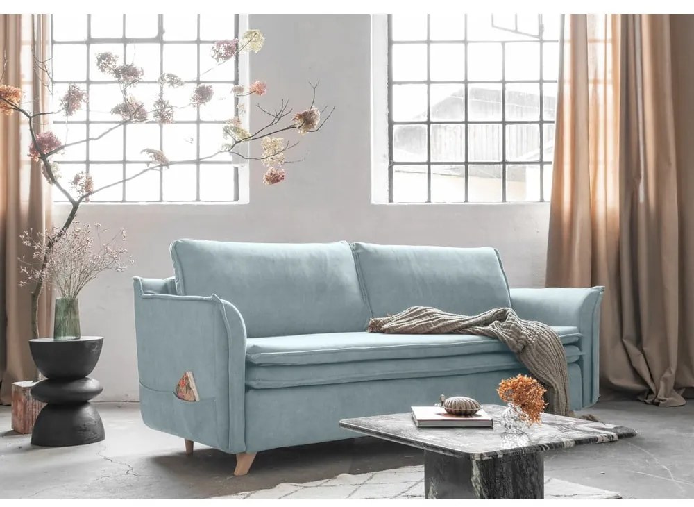 Világoskék bársony kinyitható kanapé 225 cm Charming Charlie – Miuform
