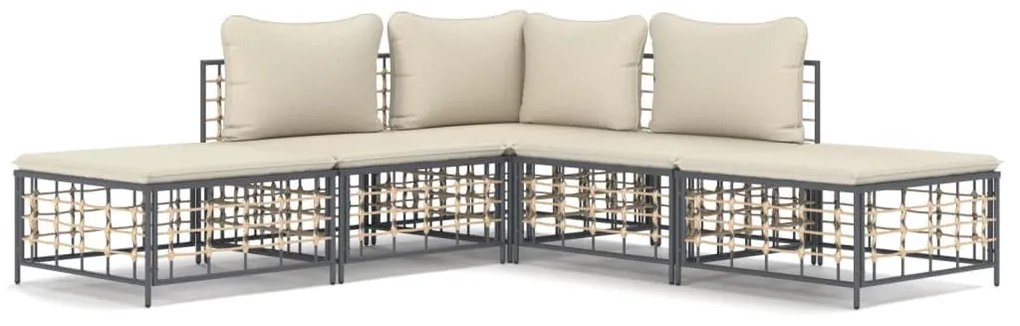 5 részes antracitszürke polyrattan kerti ülőgarnitúra párnákkal