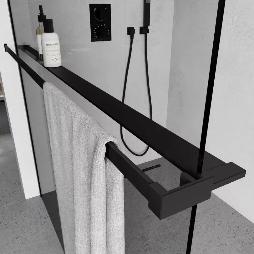 Stuxi Milano Kombi Plus 2 Black Walk-in zuhanyfal, 80x130 cm, 8 mm vastag vízlepergető biztonsági üveggel, 2 polccal és törölközőtartóval