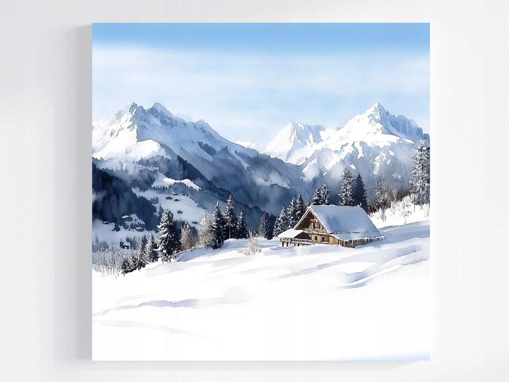 Vászonkép Canvas Akvarell Tájkép Hegyek Alpok Menedékház Tél 40x40