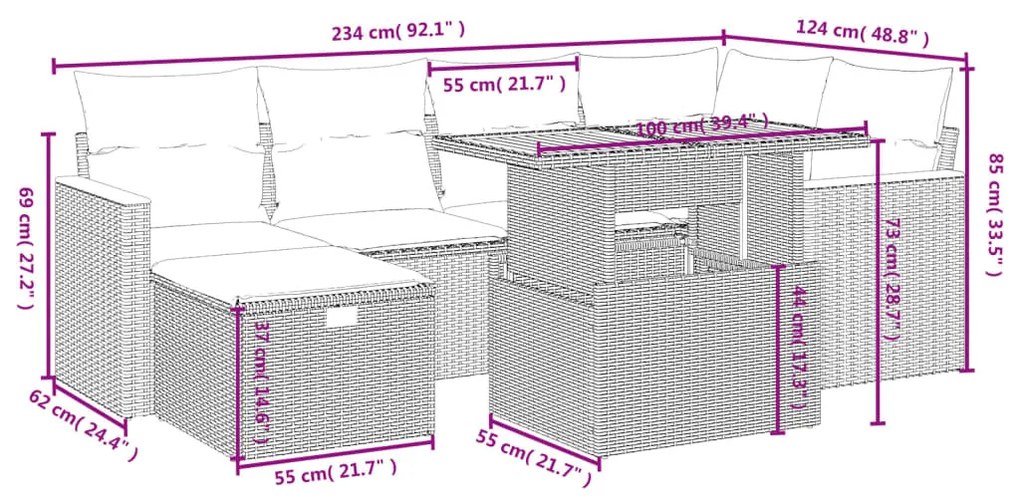 7 részes fekete polyrattan kerti ülőgarnitúra párnával