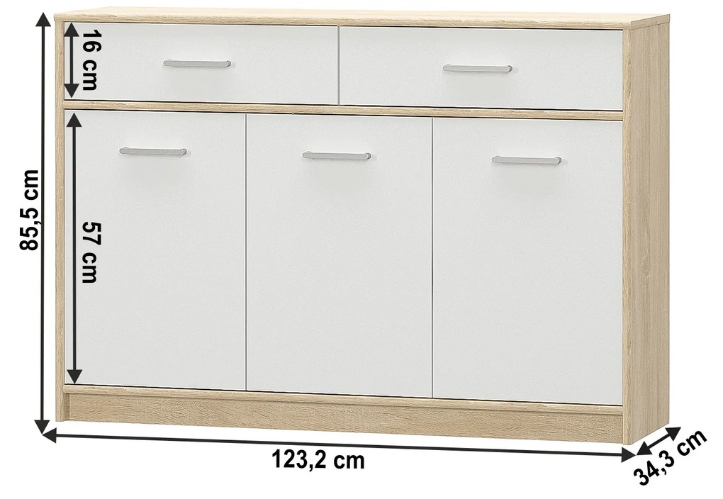 komód 3D2S, fehér/tölgy sonoma, TEYO