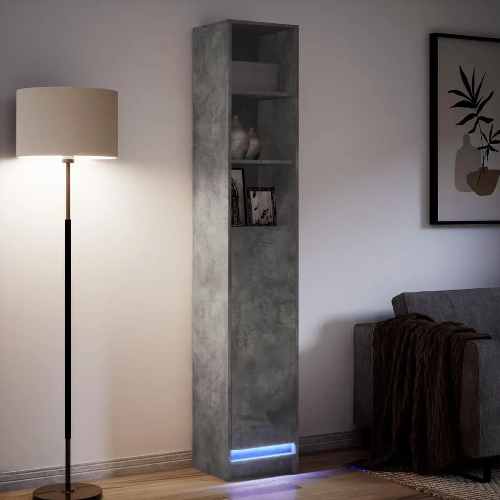 betonszürke szerelt fa tálalószekrény LED-del 36 x 32,5 x 200cm