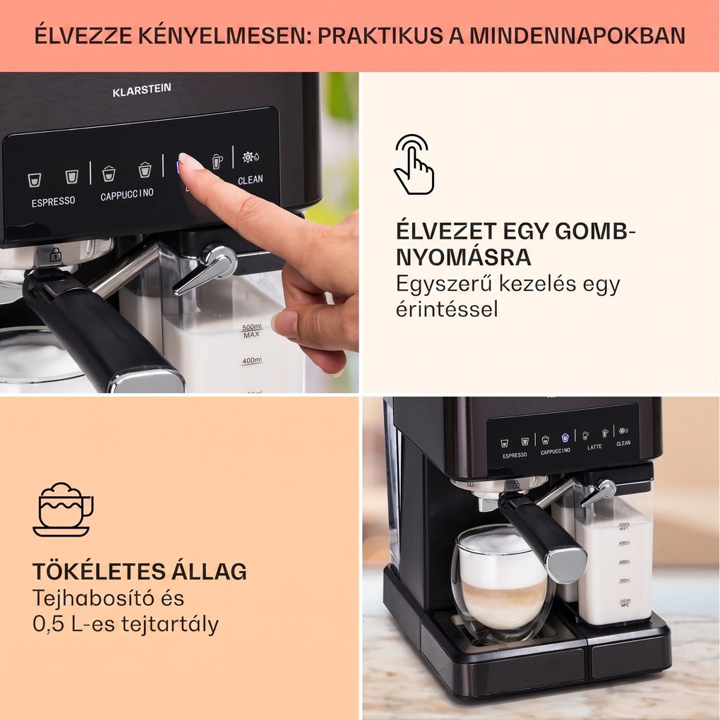 Klarstein Arabica Comfort, kávégép portaszűrővel, 1350 W, 20 bar, 1,8 l, érintőképernyő