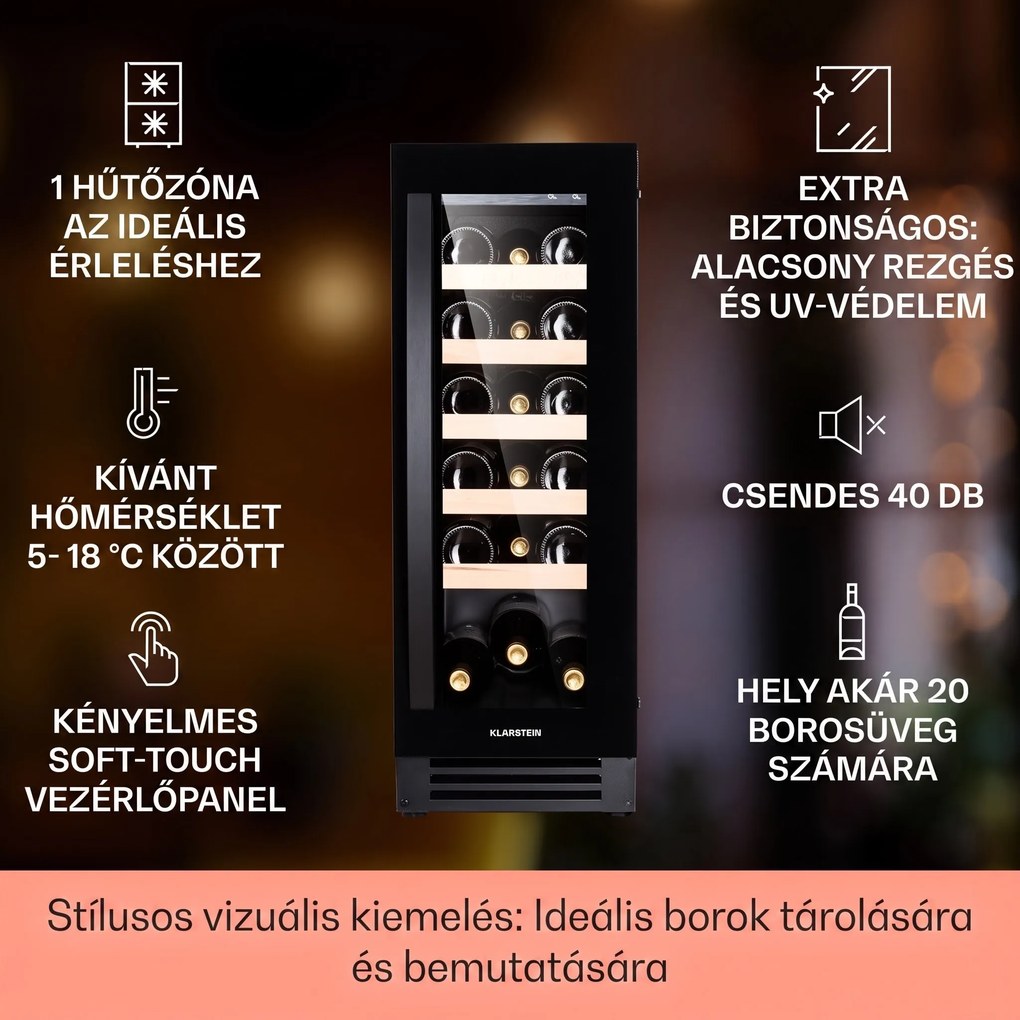 Klarstein Vinovilla 20, beépített borhűtő, 50 liter, 20 palack, üvegajtó, rozsdamentes acél