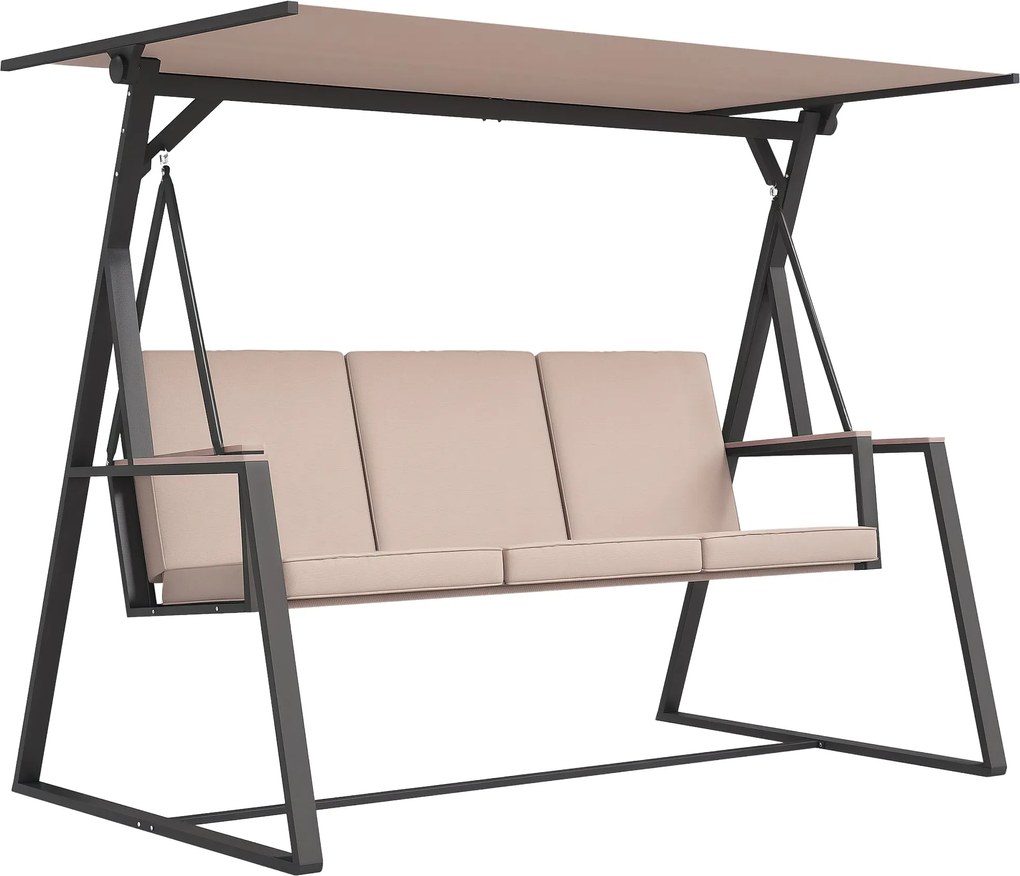 Outsunny Hollywood Hintaszék 3 Személyes Párnákkal, Állítható Napernyővel, Max. 300 kg Terhelhetőség, Khaki, 205 x 130 x 175 cm | Aosom