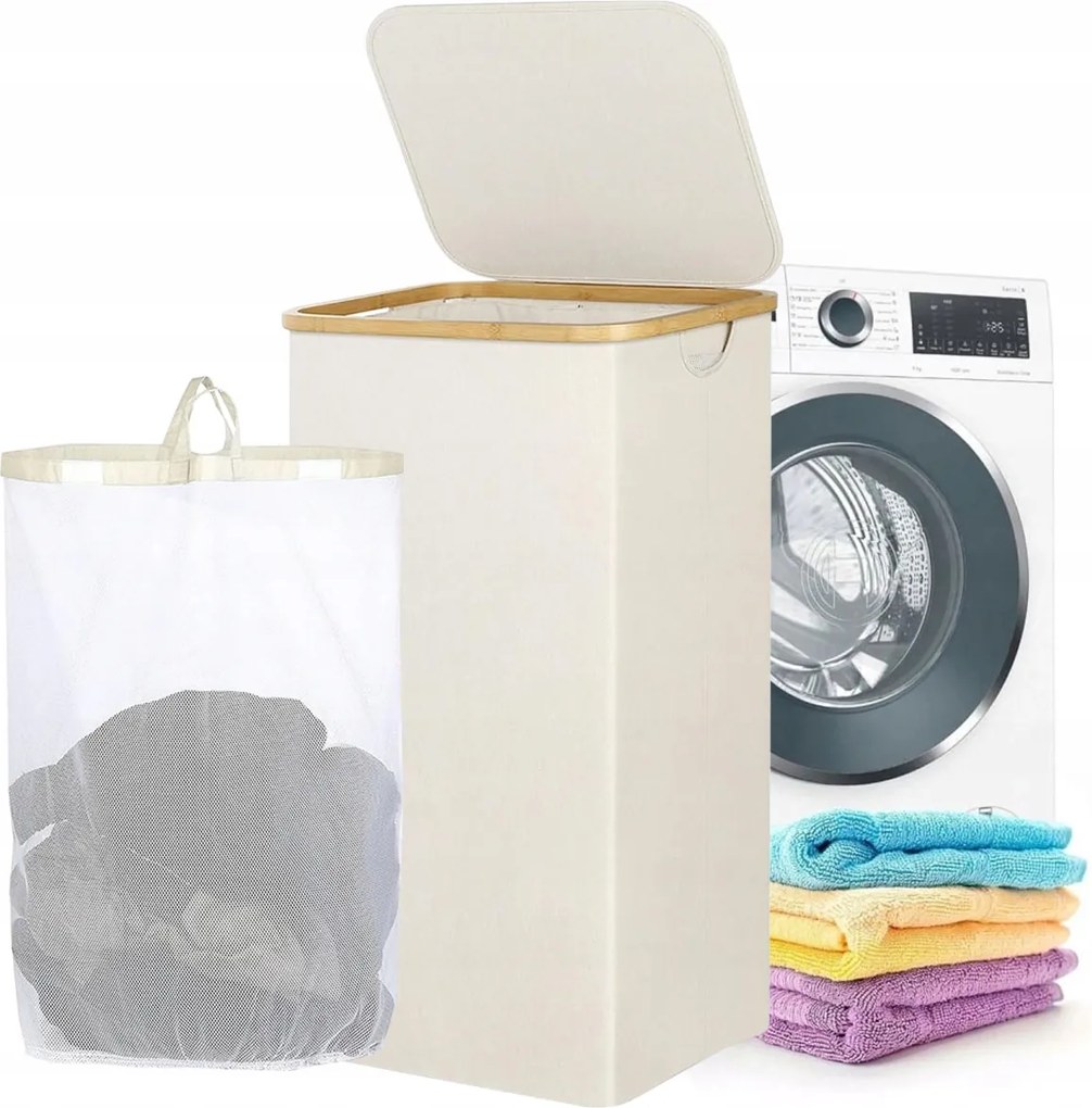 Összecsukható bambusz szennyestartó kosár 63L ideális a fedéllel ellátott fürdőszobába