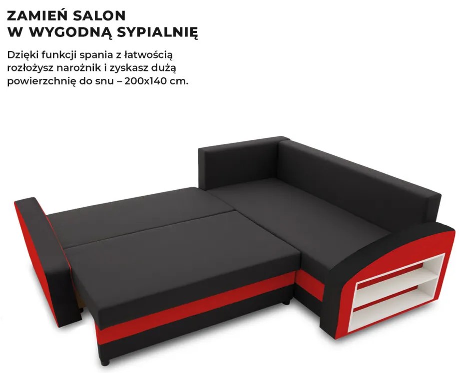 Grande sarokkanapé polcokkal , polc a jobb karfaban, jobboldali, szövet anyag, bonell töltet, fekete - piros