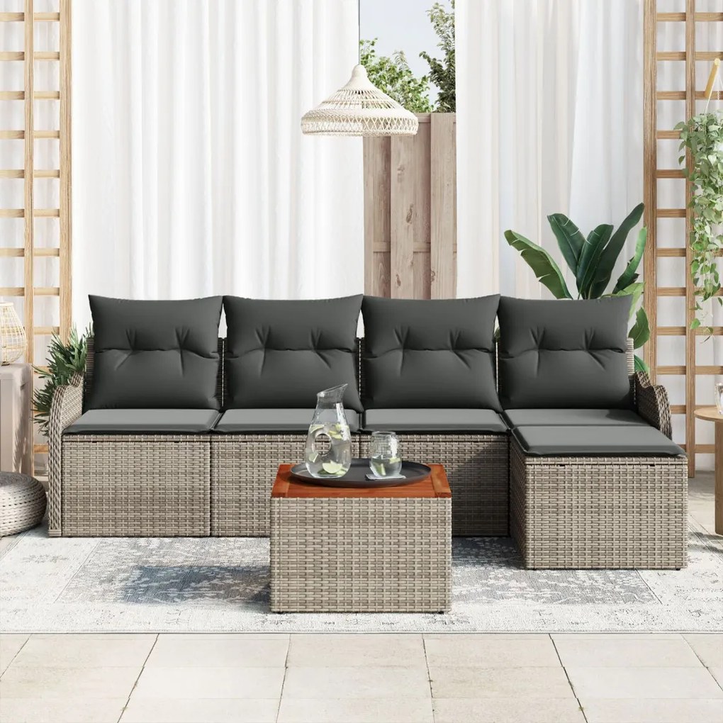 6 részes Kerti Sofa Szett Párnákkal Szürke Poly Rattan Akác, 2-személyes Kerti Sofa Párnákkal Szürke Poly Rattan