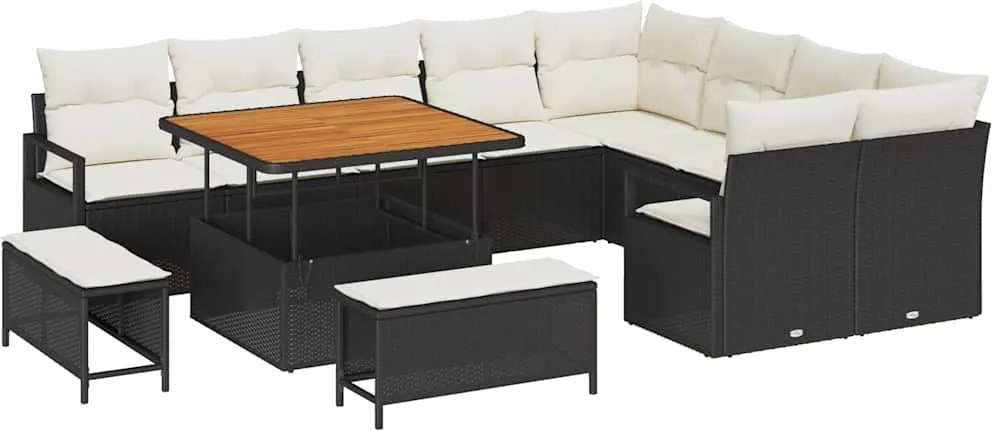 vidaXL Kerti Kanapé Szett párnával 12 pcs Fekete polirattan