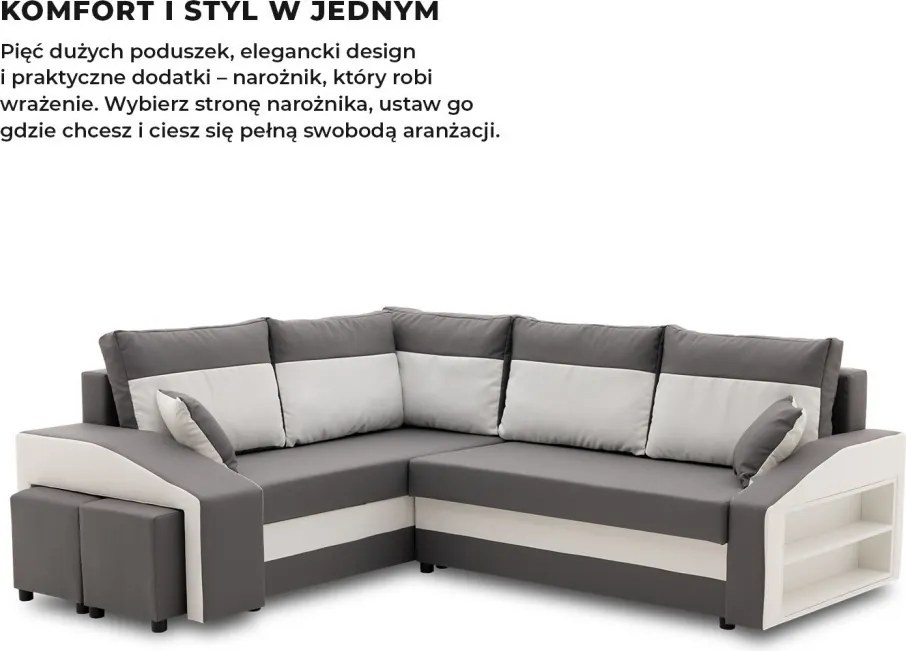 Grande sarokkanapé polcokkal és puffokkal , polc a jobb karfaban puffok a bal karfaban, baloldali, szövet anyag, bonell töltet, szürke - fehér