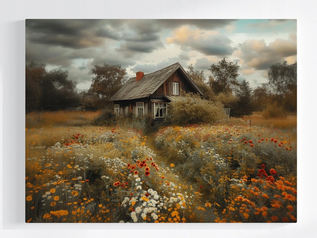 Vászonkép Canvas Házikó Chat Rét Falu Ősz Virágok Természet 80x60