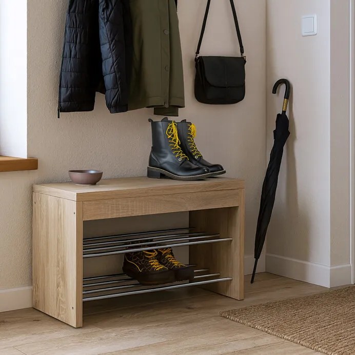 83168-10 Cipőtároló pad. Krómozott polcokkal, 3D sonoma tölgy dekorációval