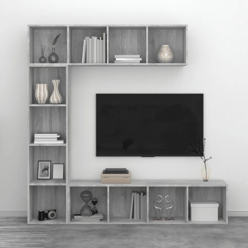 3 részes szürke sonoma fatermék könyv/TV-szekrény 180x30x180 cm