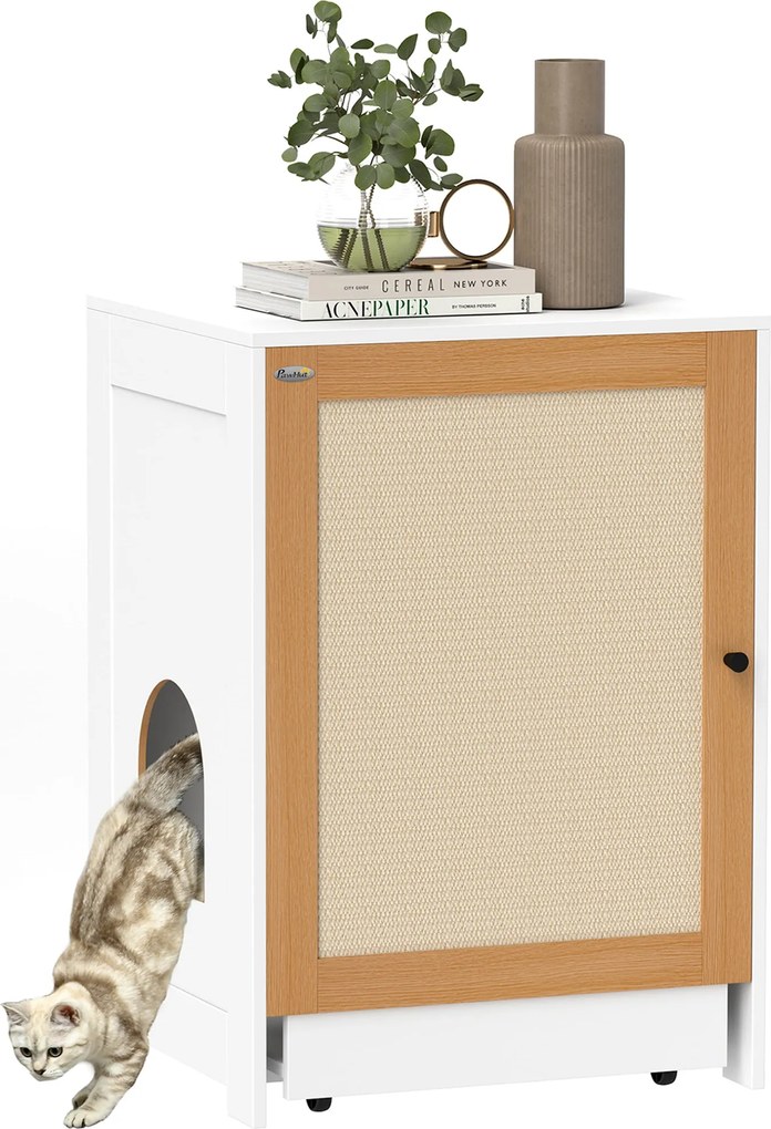 PawHut Macska WC Szekrény Húzható Tálcás Külön rekeszekkel, Kerekekkel és Kaparó Szőnyeggel - Belső Macska WC 57x50x80.5 cm Fehér és Tölgy | Aosom