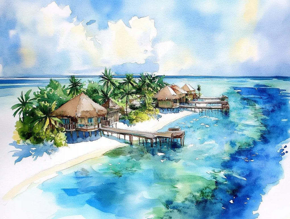 Vászonkép Canvas Egzotikus Sziget Óceán Kunyhók Maldív-szigetek Pálmafák 100x75