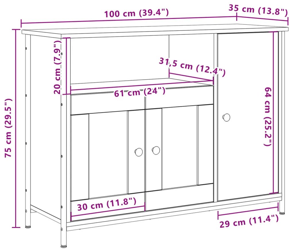 Oldalszekrény Kézműves Tölgy 100x35x75 cm Konstrukciós Fa