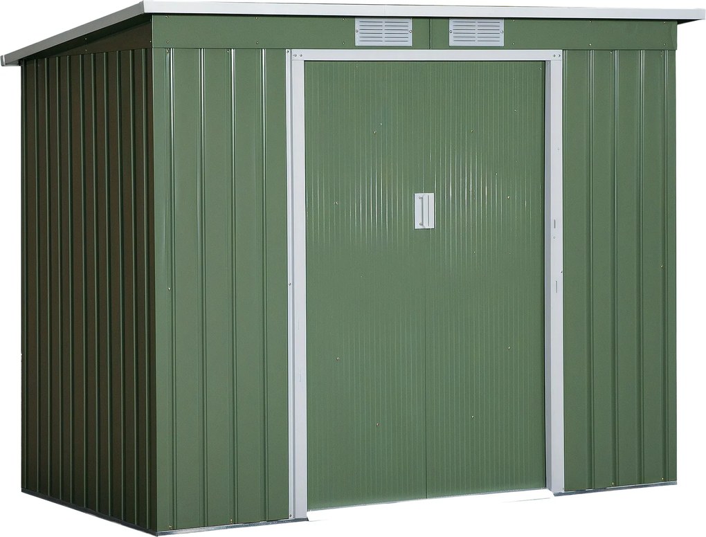 Outsunny Szerszámtároló 2,42 m², Kerti Ház Ventilációs Ablakkal, Tolóajtóval, Alapzattal, 213 x 130 x 159/172 cm, Galvanizált Acélból Készült, Időjárá