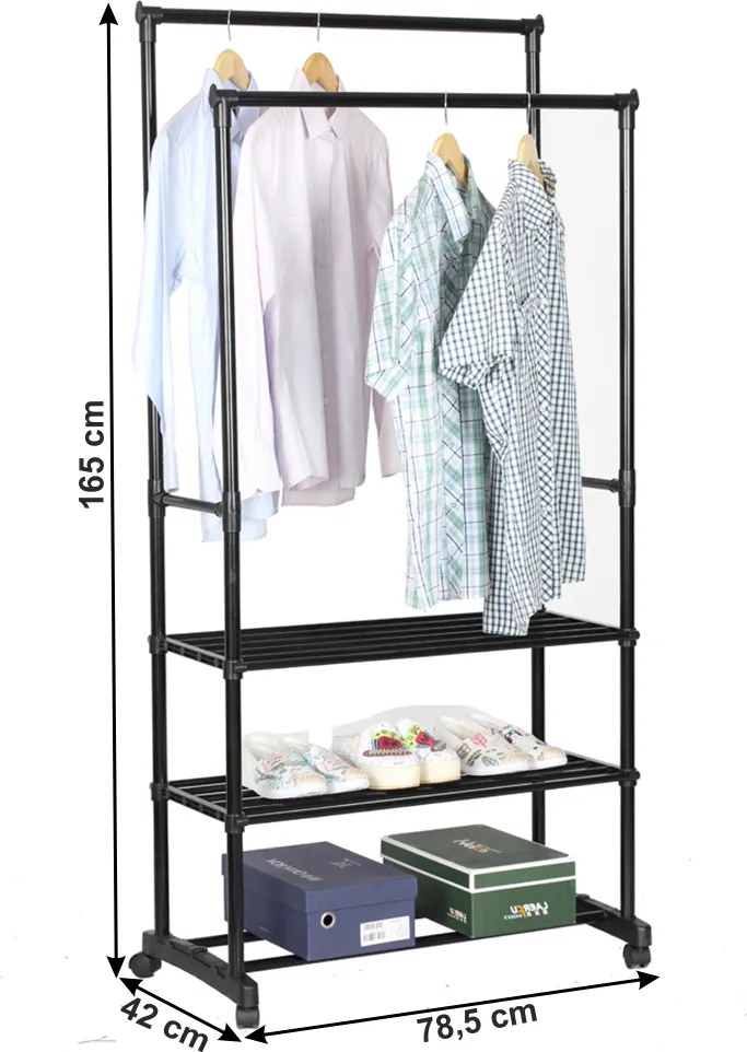 Kétsoros akasztó polcokkal, fekete, TIRUS