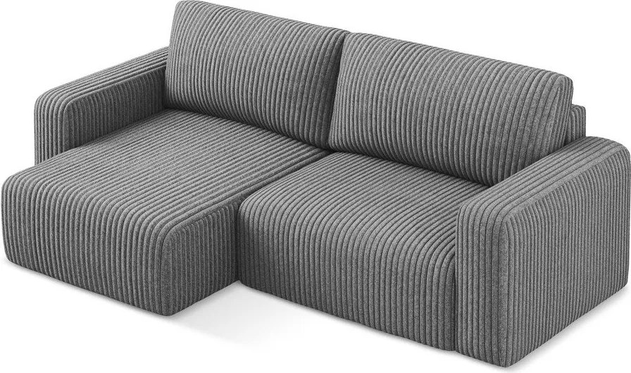 Szürke kordbársony kinyitható-tárolóhelyes sarokkanapé (bal oldali-heverő résszel) Kona – Makamii