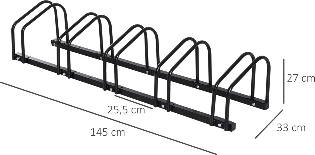 HOMCOM 5-Bicikli Taroló Állvány Kerékpártároló 65 mm-ig terjedő Kerekekhez, 145L x 33W x 27H cm Fekete Acél | Aosom
