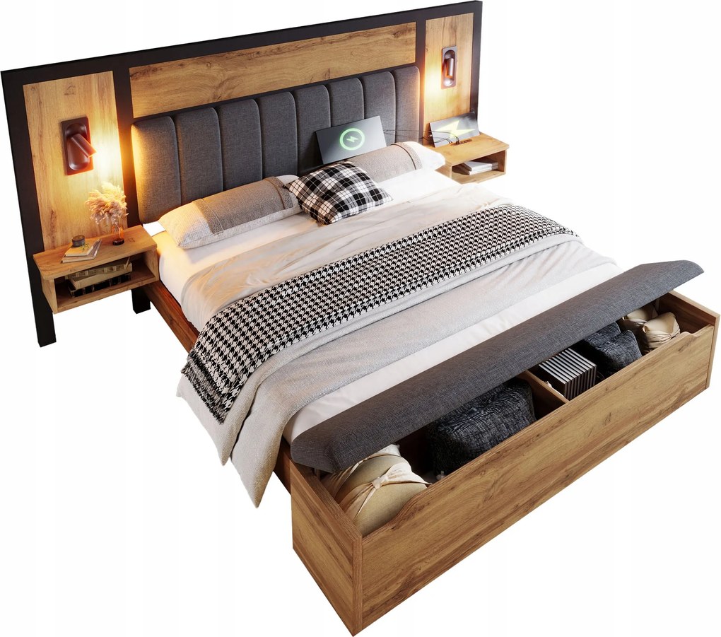 Kétszemélyes ágy Kárpitozott ágy 180×200cm Usb C olvasólámpa tölgy
