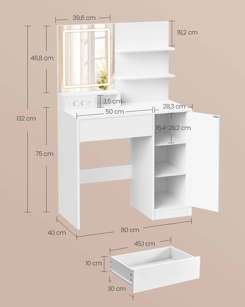 Fésülködőasztal LED-es tükörrel és elosztóval, fehér
