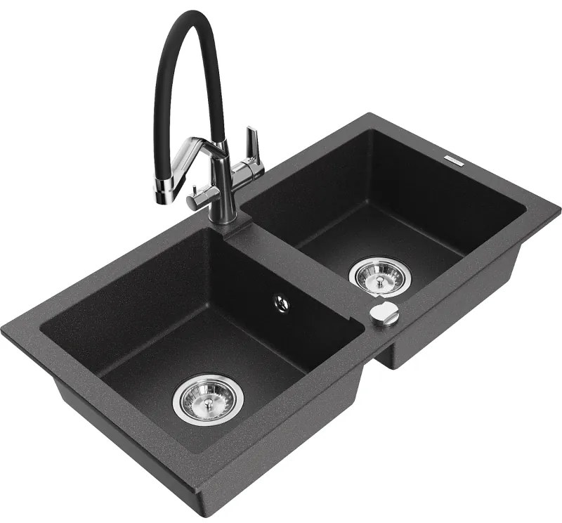 Mexen Mario gránit mosogató 2-medencés konyhai csapteleppel Duo, fekete pöttyös - 6504-76-671701-07