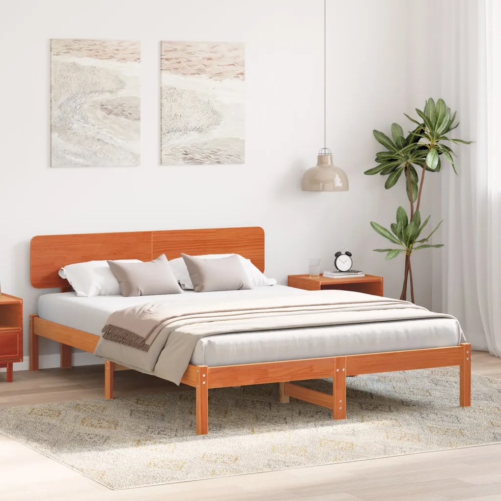 Ágykeret Fejtámlával Gyanta barna 150x200 cm Tömör fenyőfából