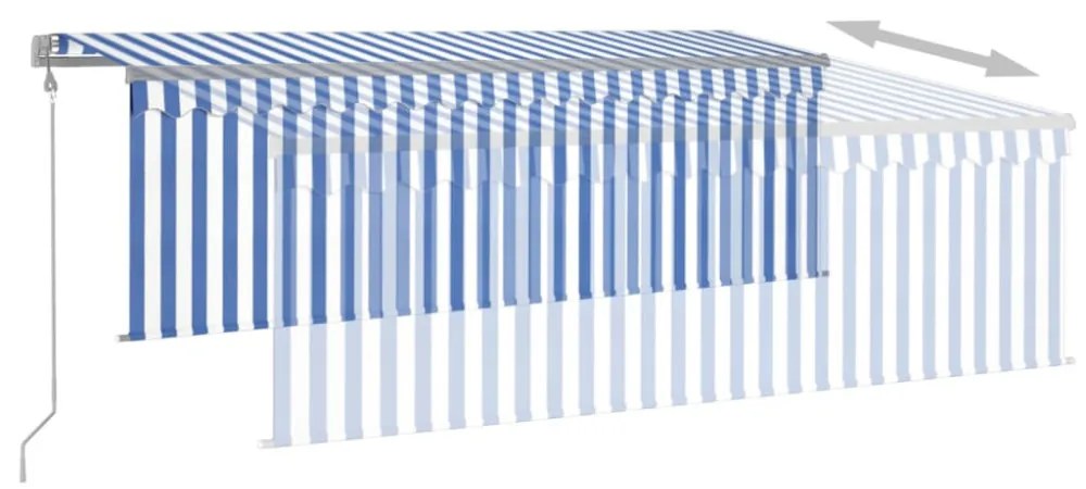 kék és fehér redőnyös, szélérzékelős, LED-es napellenző 4,5x3 m
