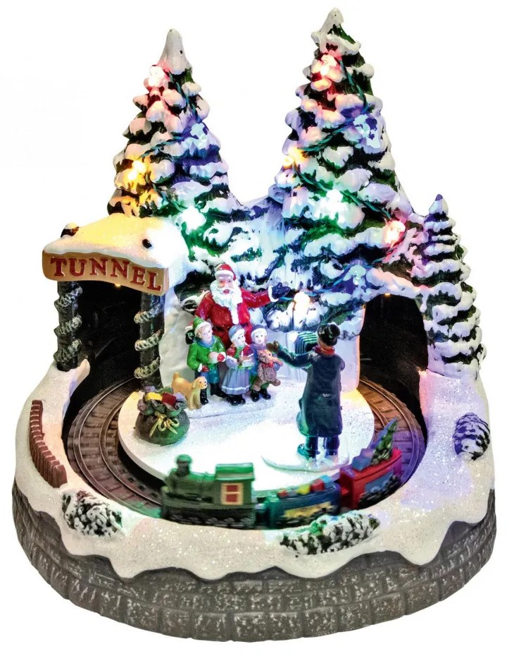 Világító karácsonyi életkép, fényképésszel, Mikulással és vonattal