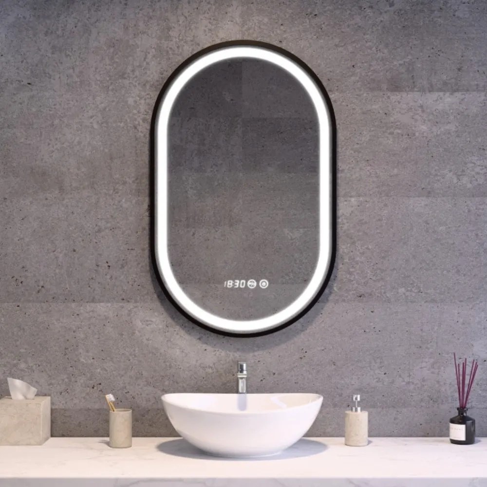 Ovális LED tükör fekete kerettel 50x80cm | Páramentesítő - Óra - Fényerő és színhőmérséklet szabályozás | Welland Type-3T