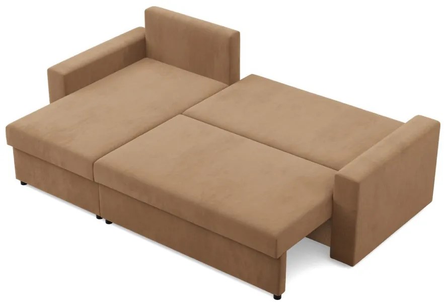 Zeus sarokkanapé, 2 ágyneműtartóval, egyenes kartámasz, szövet anyag, univerzális oldal, hab töltet, barna