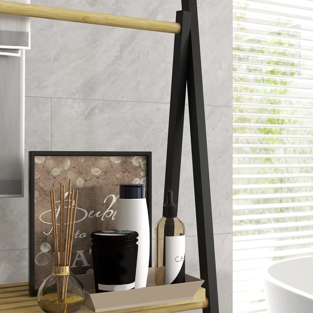 HOMCOM Összecsukható Törölközőtartó Fürdőszobai Törölközőtartó 3 Akasztóval és 3 Bambusz Polccal Fekete Fém Kerettel | Aosom