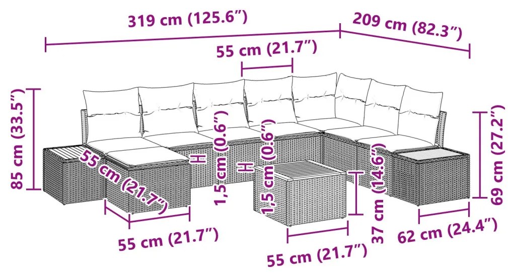 9 Darabos Kert Kanapé Szett Párnákkal Bézs Poli Rattan Akáccal