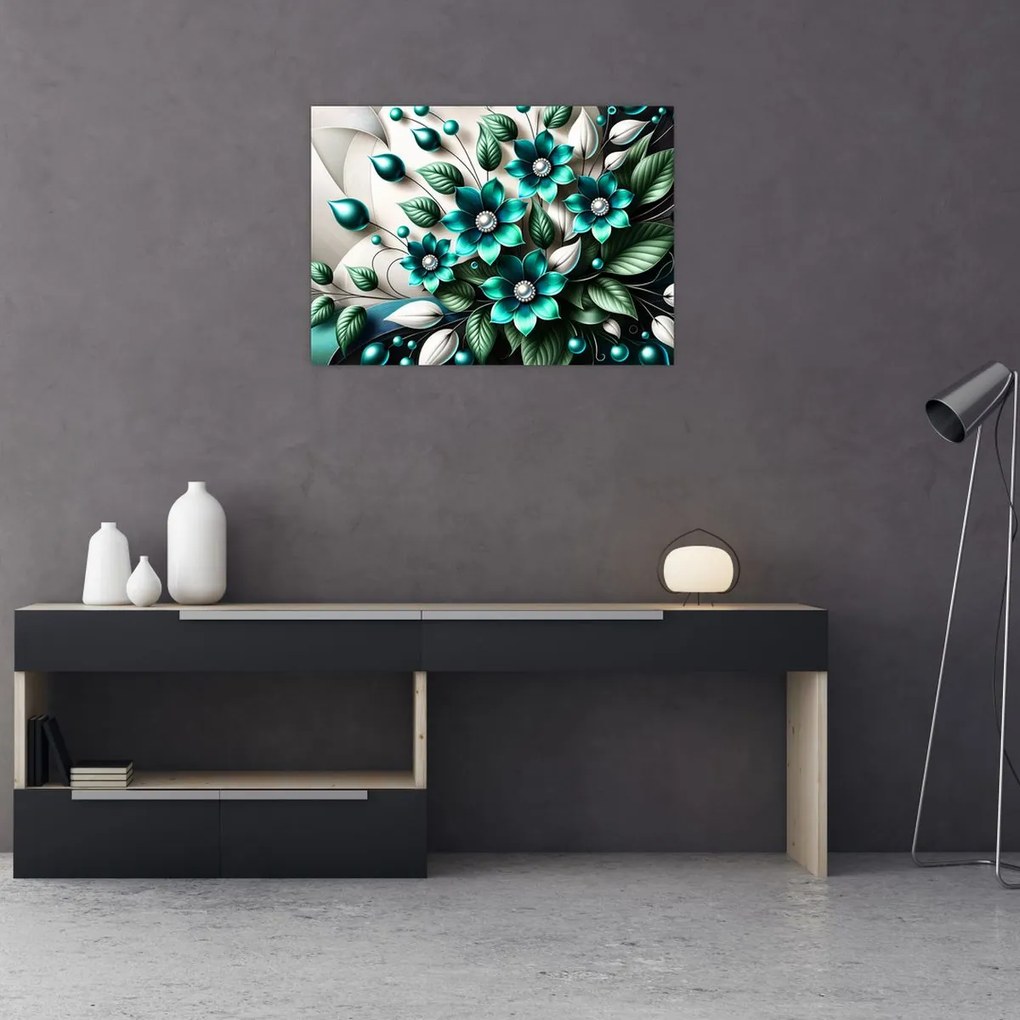 Üveg kép - 3D türkiz virágok (70x50 cm)