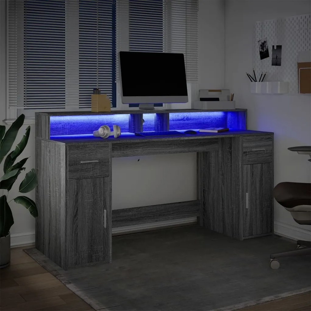 szürke sonoma színű szerelt fa íróasztal LED-ekkel 160x55x91 cm
