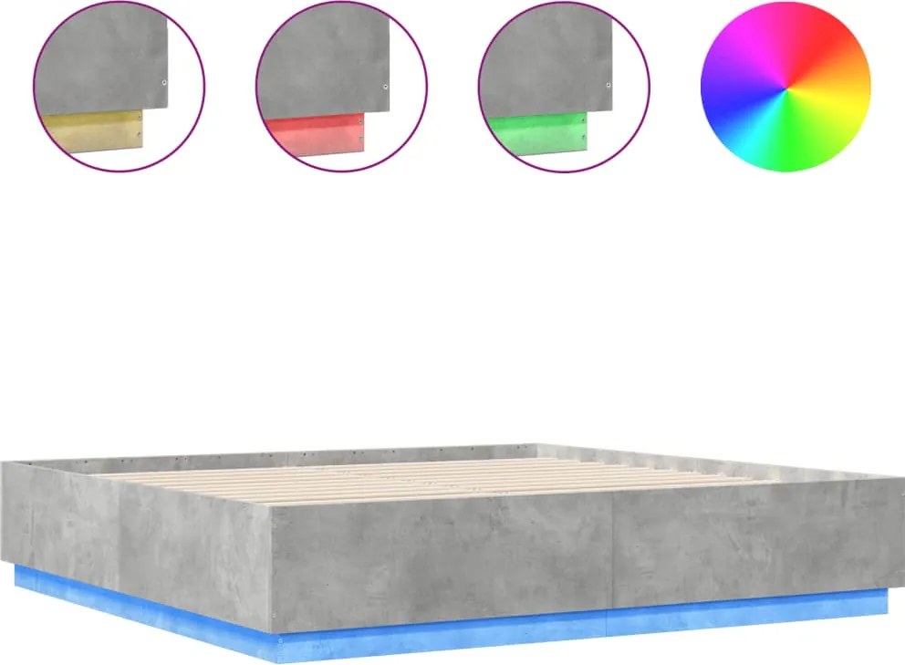 vidaXL betonszürke szerelt fa ágykeret LED-világítással 200 x 200 cm