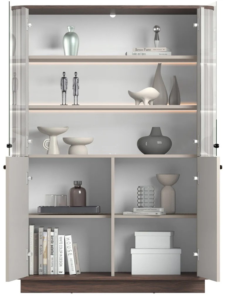 Vesper négyajtós vitrines szekrény 103 cm talapzaton - kasmír / dió / fekete fogantyúk