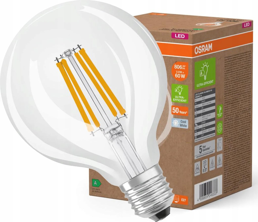 Led izzó G95 E27 3.8W 60W 806lm 4000K Classic Energy Efficiency Osram