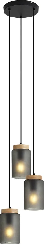 Modern függőlámpa fekete fa és matt szürke üveggel, 3 ágú - Umbra