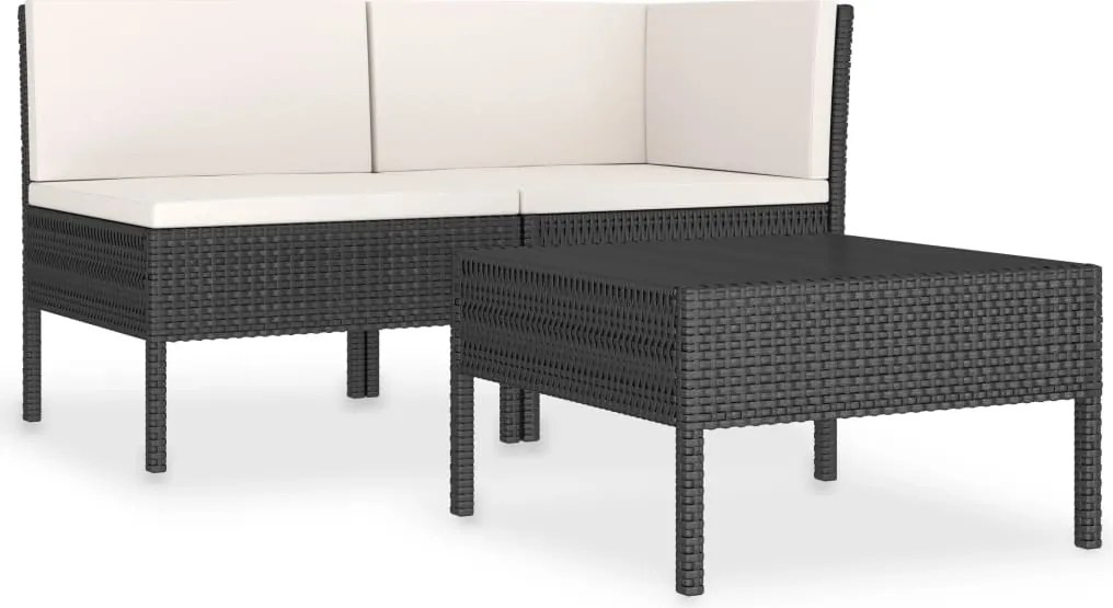 vidaXL 3 részes fekete polyrattan kerti ülőgarnitúra párnákkal