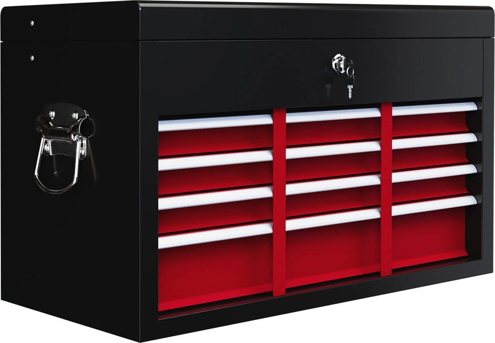 HOMCOM Szerszámtároló Doboz, Szerszámdoboz Szerszámok Nélkül, 6 Fiókkal, Zárral, Fogantyús Szerszámtároló Doboz, Acél, Piros + Fekete, 60 x 26 x 34 cm