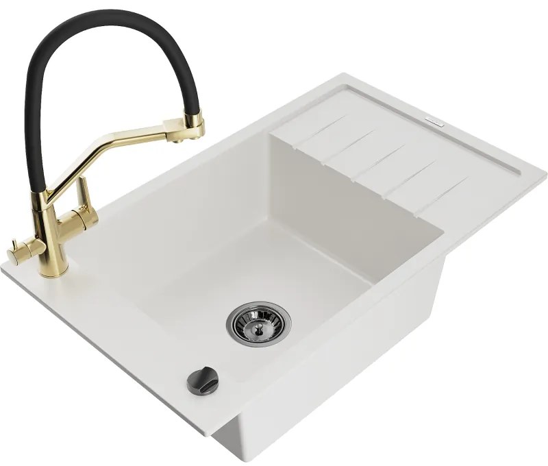 Mexen Elias egymedencés gránit mosogató csepegtetővel és Duo konyhai csapteleppel, fehér - 6511-20-671701-57-B