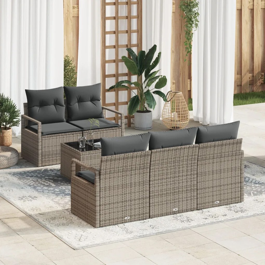 6 Részes Kerti Sofa Szett Párnákkal Szürke Polirattan, 2-Személyes Kerti Sofa Tárolóval &amp; Párnákkal Szürke Polirattan